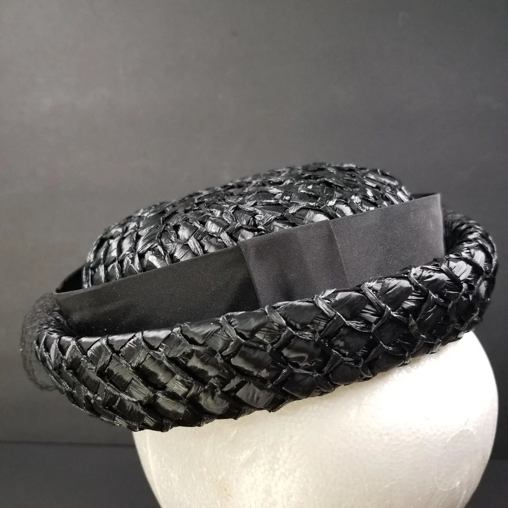 Michelle Vintage Black Woven Pillbox Hat‎ with Birdcage Veil Kentucky Derby